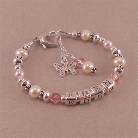 Childs Name Bracelet White Pearls Birthstone Personalized Toddler