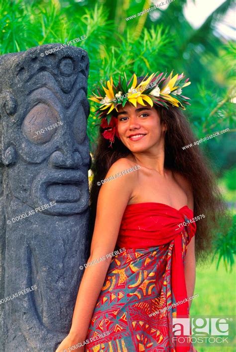Polynesian Woman With Tiki French Polynesia Stock Photo Picture And