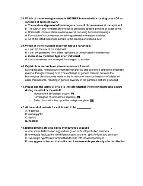 General Biology II Chapter 13 Meiosis Studyguide Part 6 Which Of The