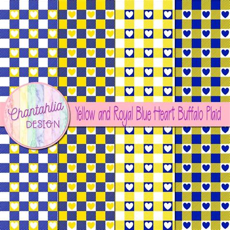 Free Yellow And Royal Blue Digital Papers With Heart Buffalo Plaid Designs