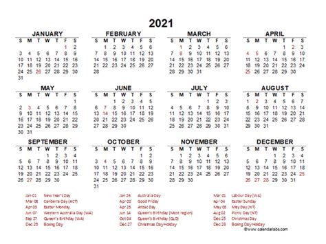 2021 Year At A Glance Calendar With Australia Holidays Free Printable