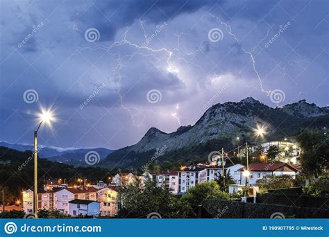 Lightning Storm Over The City In Blue Light Stock Image Image Of Road