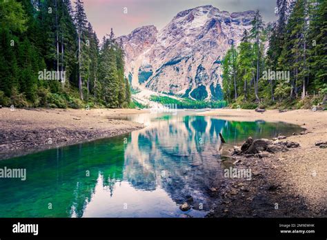 Lago Di Braies Italy Spectacular Romantic Place With Typical Wooden