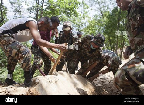 nepal 1st may 2015 nepali army clears a road in sindhupalchok outstrike of kathmandu nepal
