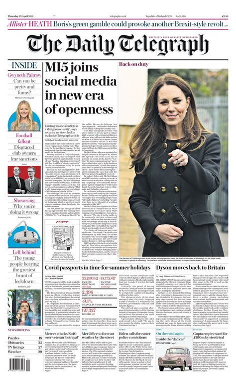 Daily Telegraph Front Page 22nd Of April 2021 Tomorrows Papers Today