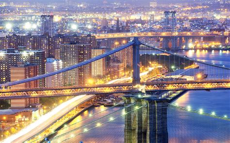 New York York Usa Bridges Brooklyn Manhattan Night Lights Exposure
