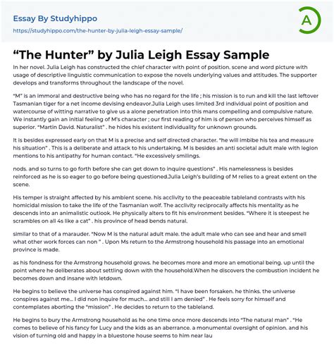 The Hunter By Julia Leigh Essay Sample Studyhippo Com