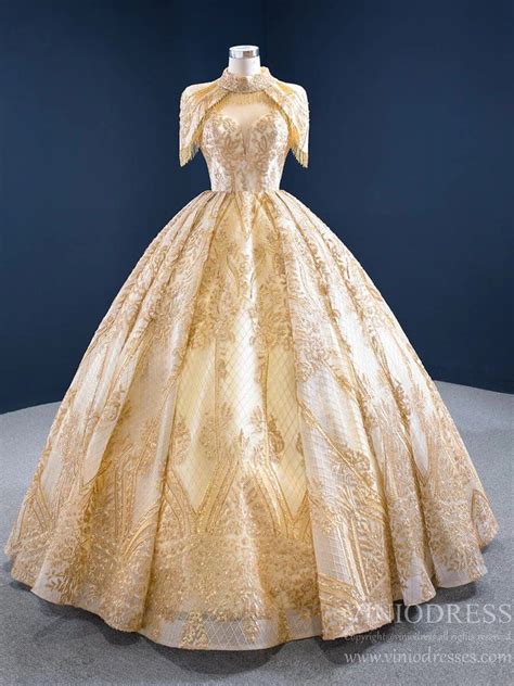 Vintage Gold Ball Gown High Neck Princess Dress Fd2449 Ball Gown