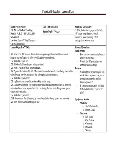 Physical Education Lesson Plan 10 Examples Format Pdf Examples