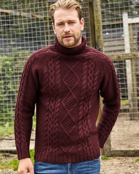 Dark Cranberry Pure Wool Knitted Aran Polo Neck Jumper Woolovers Au