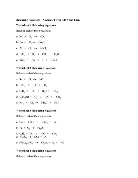 Coefficient, combination, compound, decomposition, double replacement, element, molecule, product in the balancing chemical equations gizmo™. Balancing Chemical Equations Worksheet 1 Answers | db ...