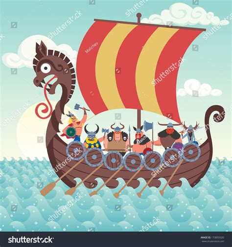 Cartoon Viking Ship Sailing Stock Vector Illustration 173859320