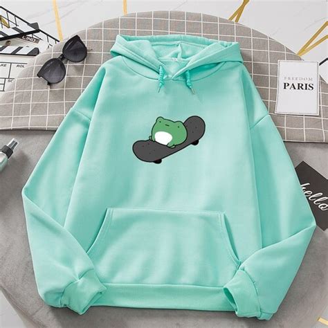 Skateboard Frog Print Hoodie Cartoon Hoodie Etsy Uk