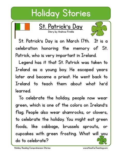 This Reading Comprehension Worksheet St Patricks Day Is For