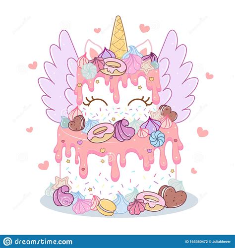 How to draw a cartoon unicorn cake. Cute Creative Unicorn Birthday Cake In Gentle Pastel Tones Stock Vector - Illustration of dream ...