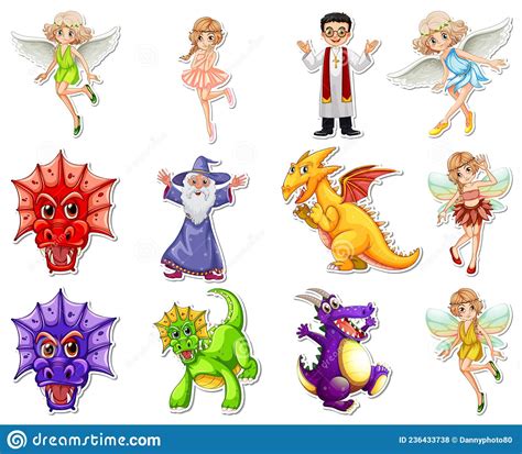 Sticker Set With Different Fairytale Cartoon Characters Stock Vector