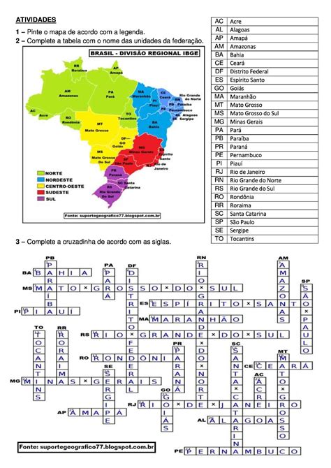 Atividade Com Mapa E Cruzadinha Brasil Unidades Federativas Ii Suporte Geogr Fico