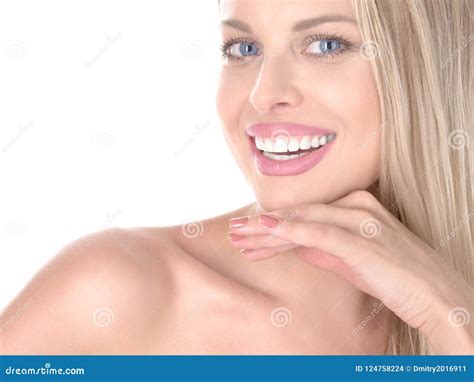 Young Cute Smiling Girl Showing Her Perfect Teeth On White Copy Space