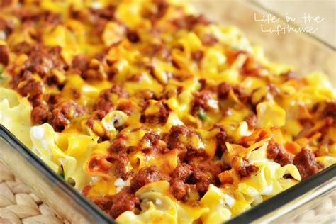 Crush the entire bag of doritos and cover the bottom of the dish. Sour Cream Noodle Bake