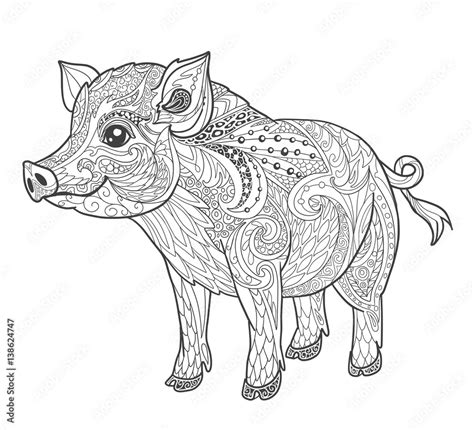 Pig Coloring Book Page For Adult In Doodle Style Animal Vector