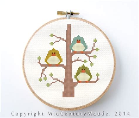 Birds Cross Stitch Pattern Three Little Birds In A Tree Modern Etsy