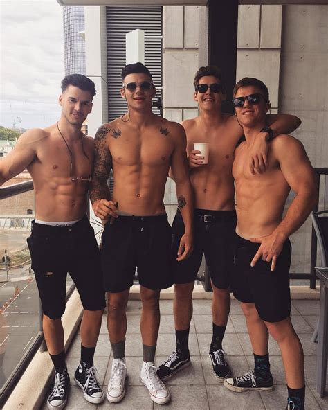 Fit Four Shirtless Male Models Sunglasses Gay Friends Posing Apartment Party