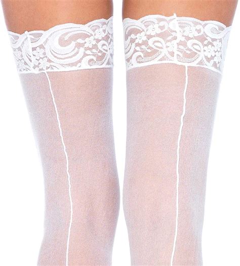 Leg Avenue Womens Sheer Lace Top Stockings With Back White Size One