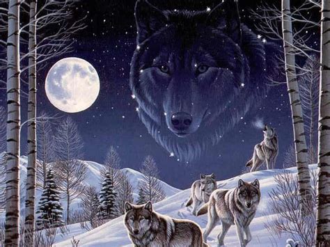 X Px P Free Download Wolves And Moon Moon Ghost Snow Painting Trees Wolves