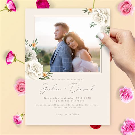 Pastel Wedding Photo Invitation With Flowers Template Online Maker