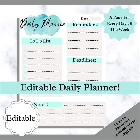 Editable Daily Planner To Do List Reminders Template Etsy Uk