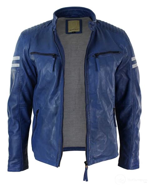 Real Leather Blue Bomber Mens Jacket White Stripes Quilted Slim Fit