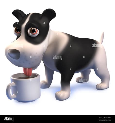 Funny Rendered Image Of A Cartoon Puppy Dog In 3d Drinking Coffee From