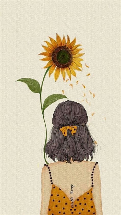 Girl With Black Hair Yellowe Dress Holding A Sunflower Flower Doodles