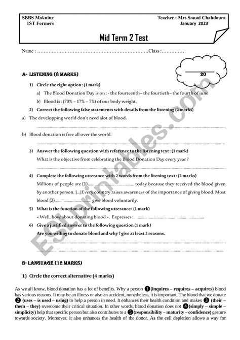 Mid Term 2 Test 1st Form Esl Worksheet By Slimsouad208uk