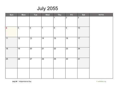 July 2055 Calendar With Notes