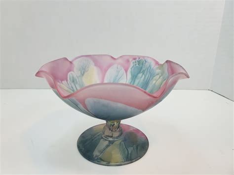 Nouveau Art Glass Hand Painted By Rueven Footed Bowl Usa Etsy