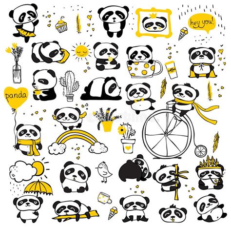 Panda Doodle Kid Set Simple Design Of Cute Pandas And Other Individual
