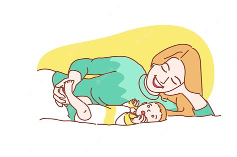 Madre Dormir Con Bebé Con Amor Feliz Cara Sonriente Día De La Madre