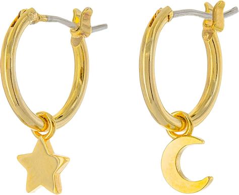 Columbus K Gold Plated Moon And Star Charm Huggie Hoop Earrings
