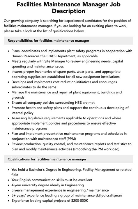 Facilities Maintenance Manager Job Description Velvet Jobs