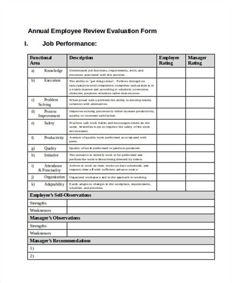 Annual Employee Performance Evaluation Form Printable Forms