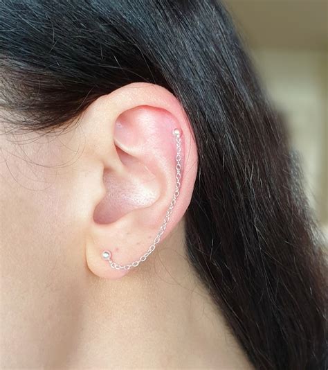 Helix To Lobe Chain Earring Cartilage Earring Silver Double Etsy