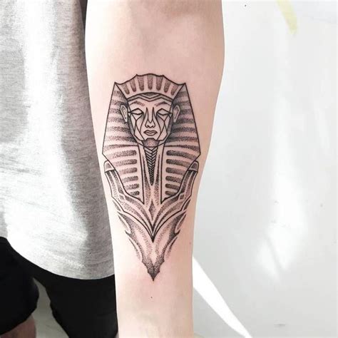 Dot Work Style Egyptian Pharaoh Tattoo On The Left Inner Forearm