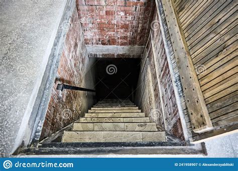 Entrance To A Dark Damp Brick Cellar With A Wooden Lid And Steps With
