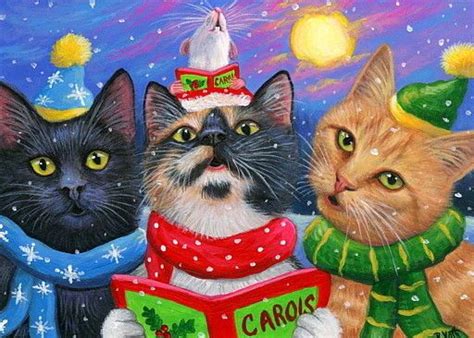 Aceo Original Cat Mouse Christmas Caroling Winter Snow Painting Art