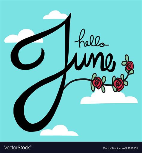 Hello June Lettering With Roses And Blue Sky Vector Illustration