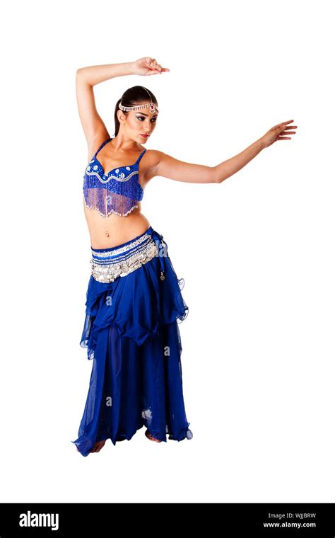 Beautiful Arabic Belly Dancer Harem Woman In Blue With Silver Dress And Head Jewelry With Gem