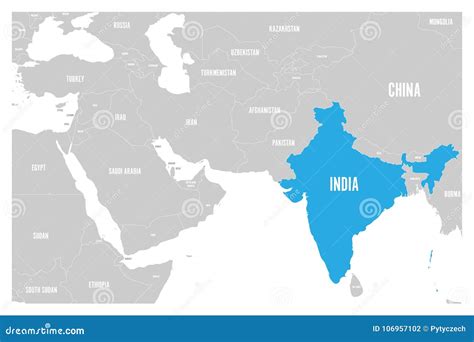 India Blue Marked In Political Map Of South Asia And Middle East