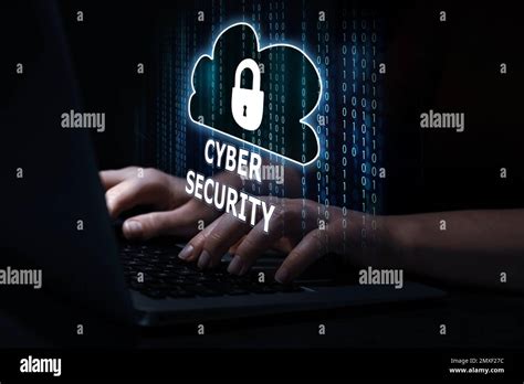 Cyber Security Concept Hacker Using Laptop Closeup Cloud With