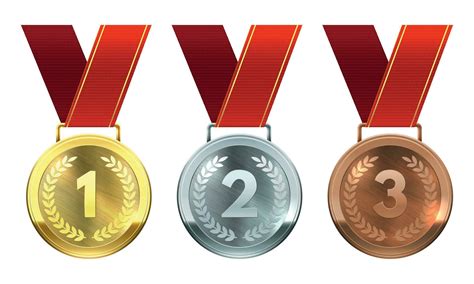 Gold Silver And Bronze Medals First Second And Third Place Awards Realistic Round Medals On